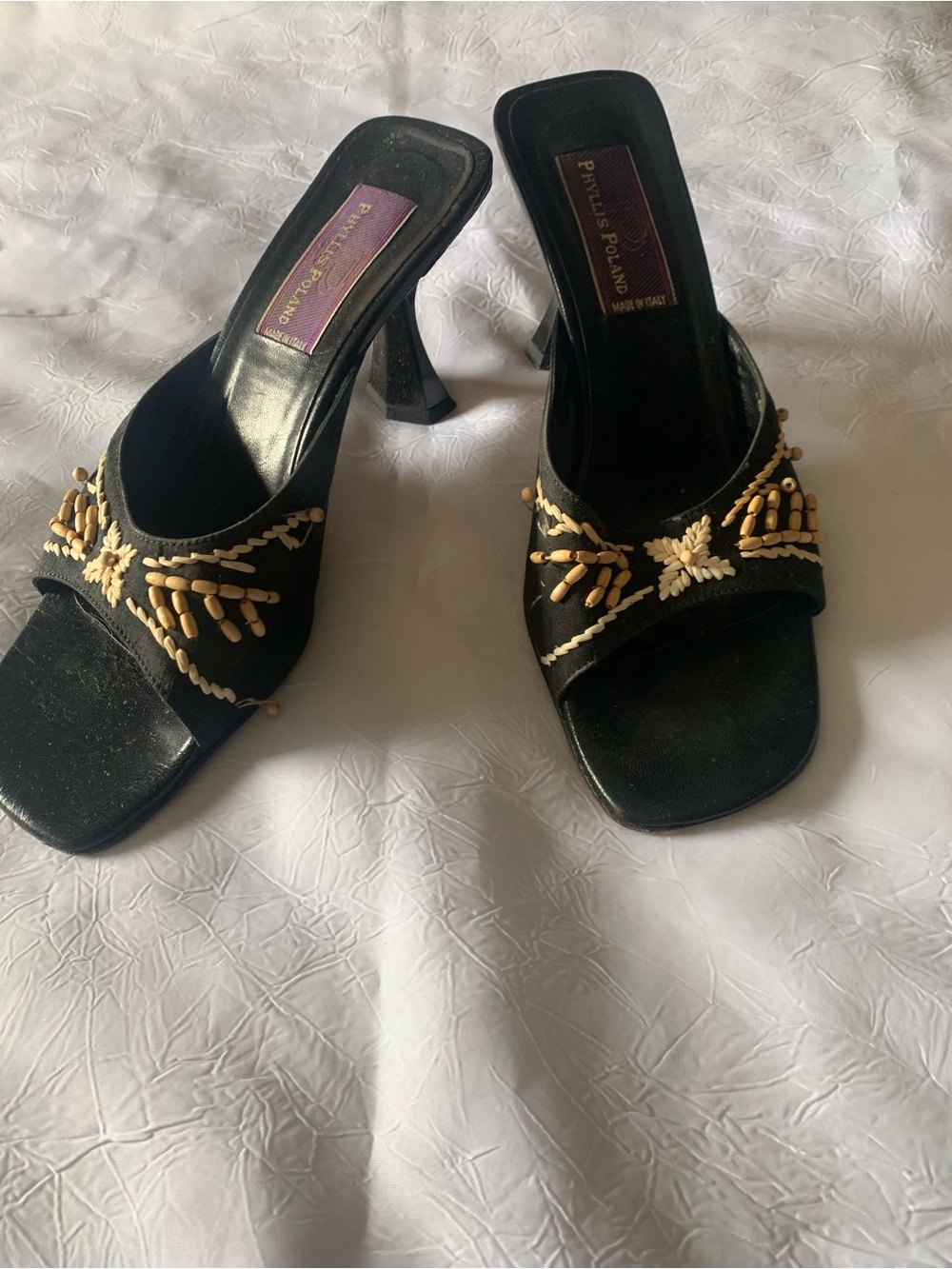 Phyllis Poland Black Beaded Slide Mules, size 71/2. Made in Italy.
